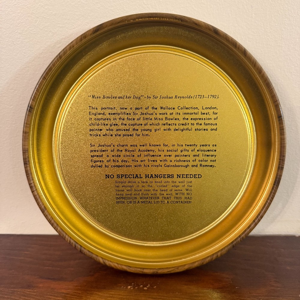 Guildcraft Miss Bowles and Her Dog Round Tin Wall Plaque