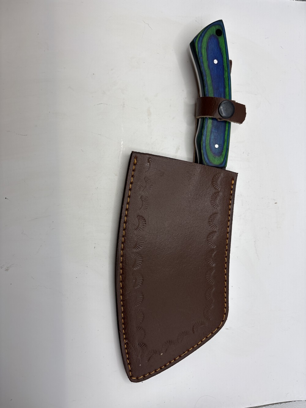Handmade Cleaver Knife Green and Blue Handle 12 inch Like New with Sheath As-is