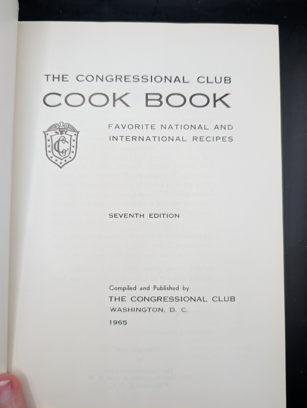 Vtg the Congressional Club Cookbook, signed by Rep. L.H. Fountain (D-NC)