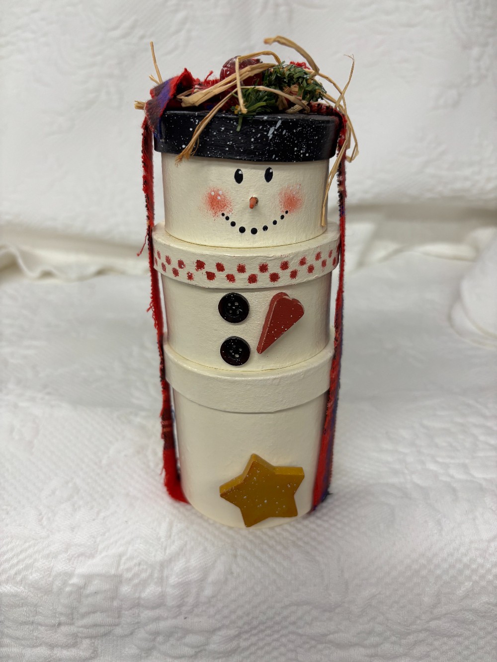 Stacked round boxes snowman w/wood accents & plaid ribbon