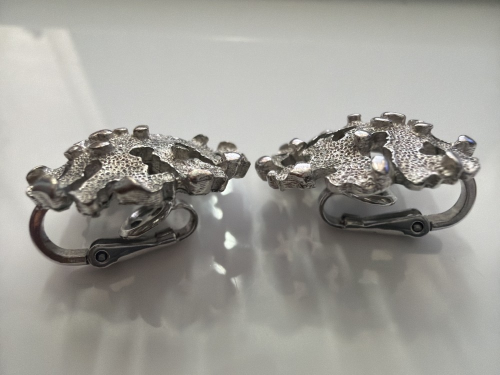 Vintage Crown Trifari Silver Tone Openwork Clip-On Earrings