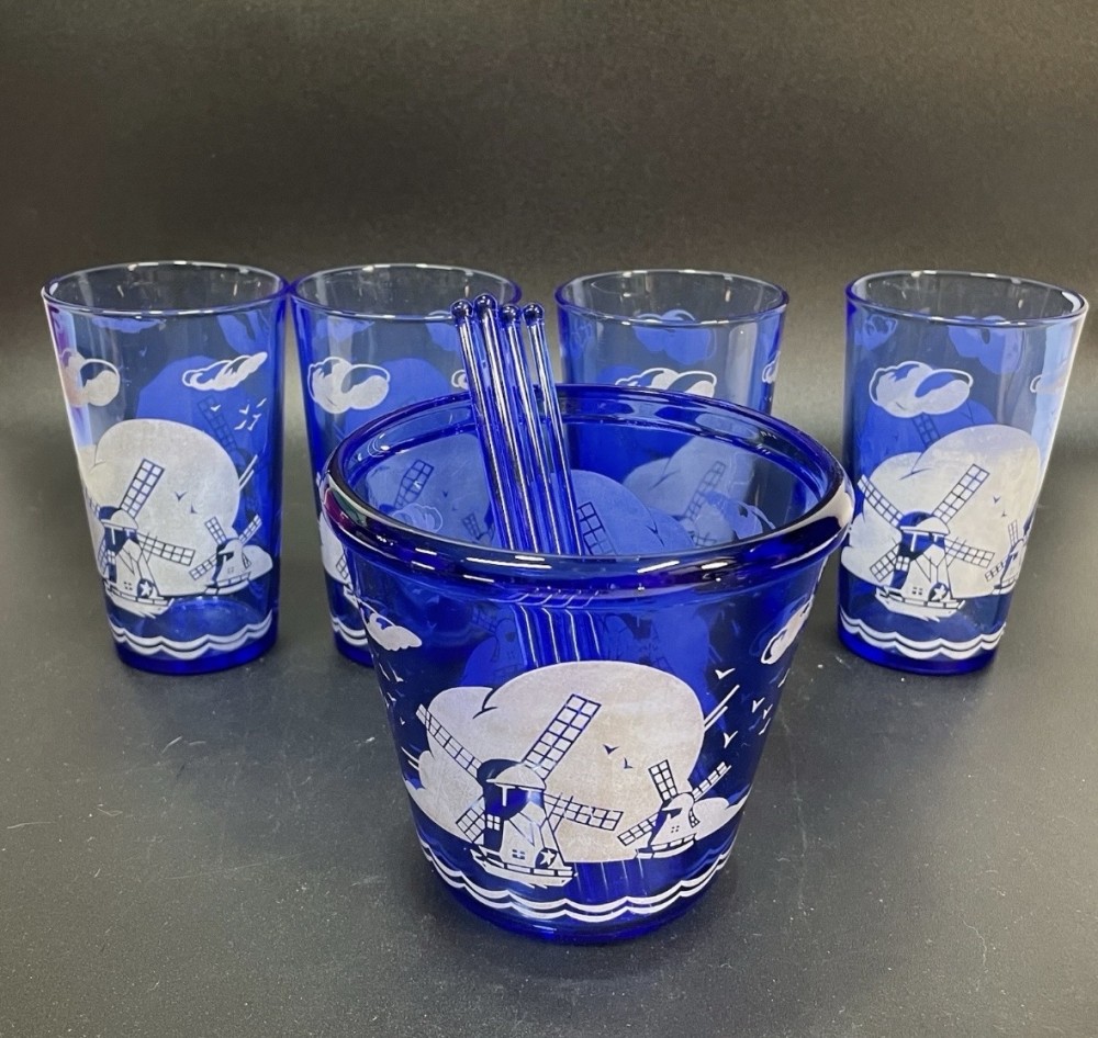 Cocktail Glass Set Hazel Atlas Cobalt Blue Dutch Windmill Ice Bucket 4 Glasses 4 Stir Sticks Vintage