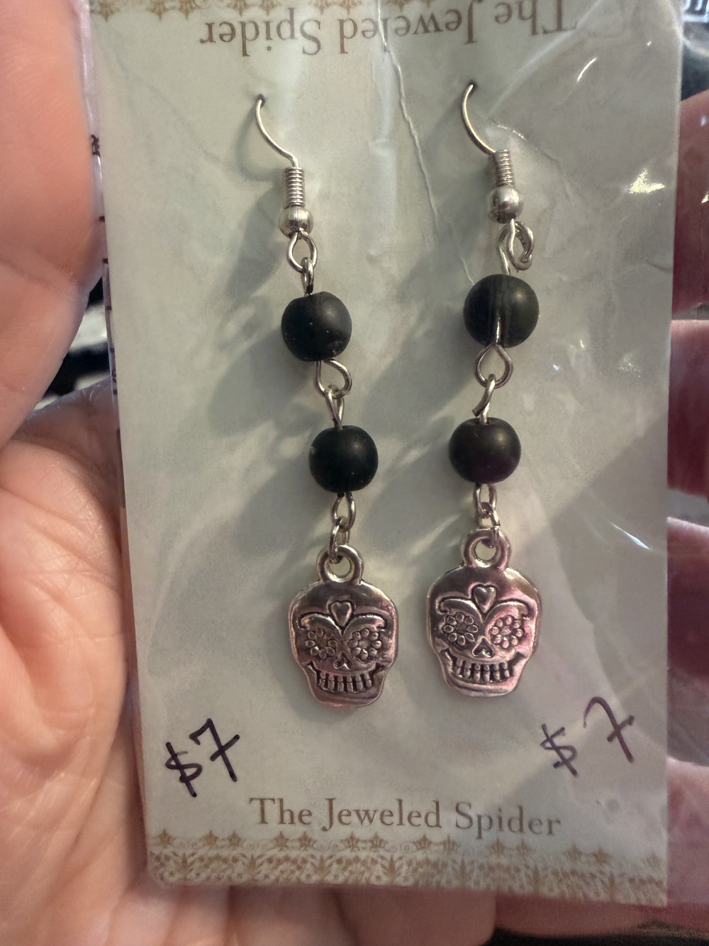 Earrings-Silver Sugar Skull Double Black Bead