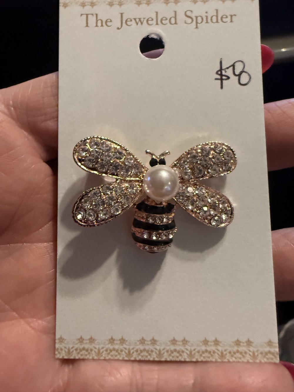 Brooch Pin - Bee Pearl Center Rhinestone Wings Black Enamel Rose Gold