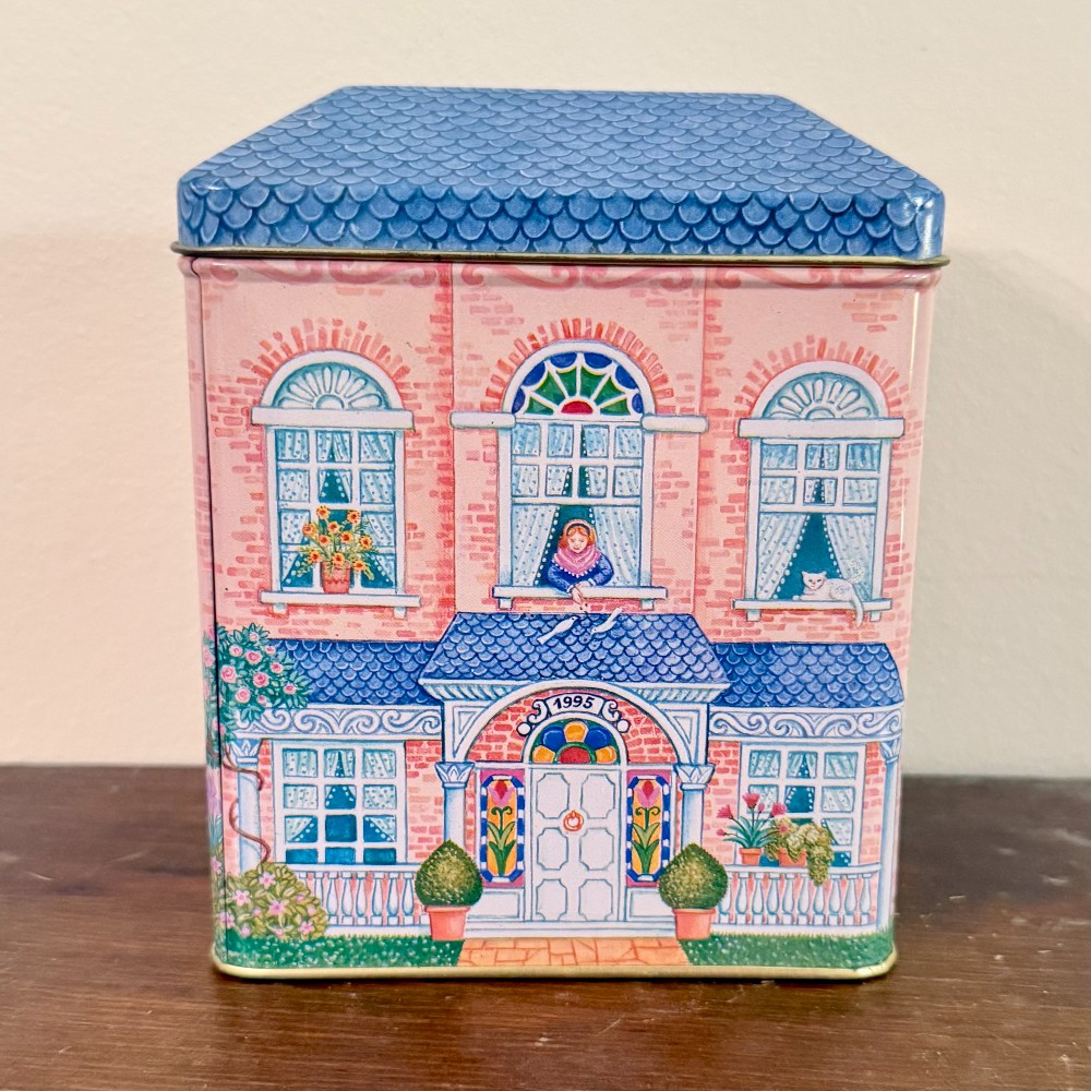 House Shaped Lidded Tin Pink Brick with Blue Shingle Roof, 1995