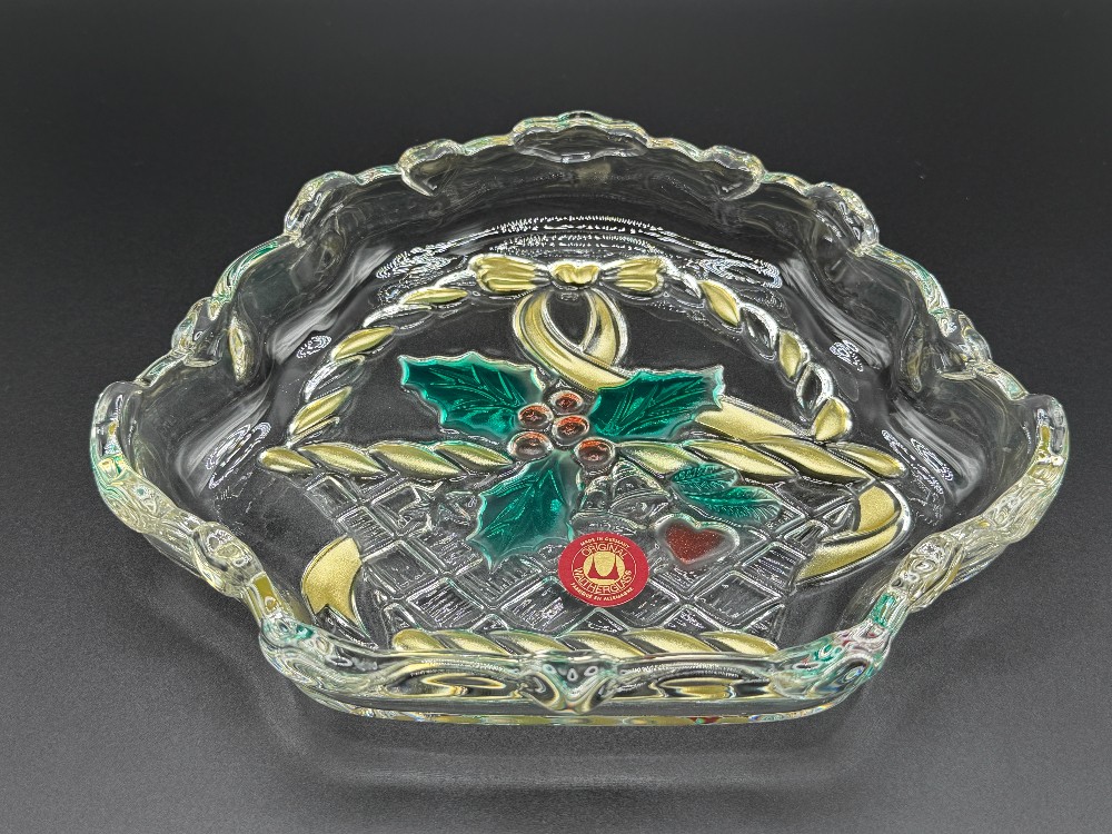 Walther-Glas Germany Christmas Holly Basket Scalloped Serving Bowl