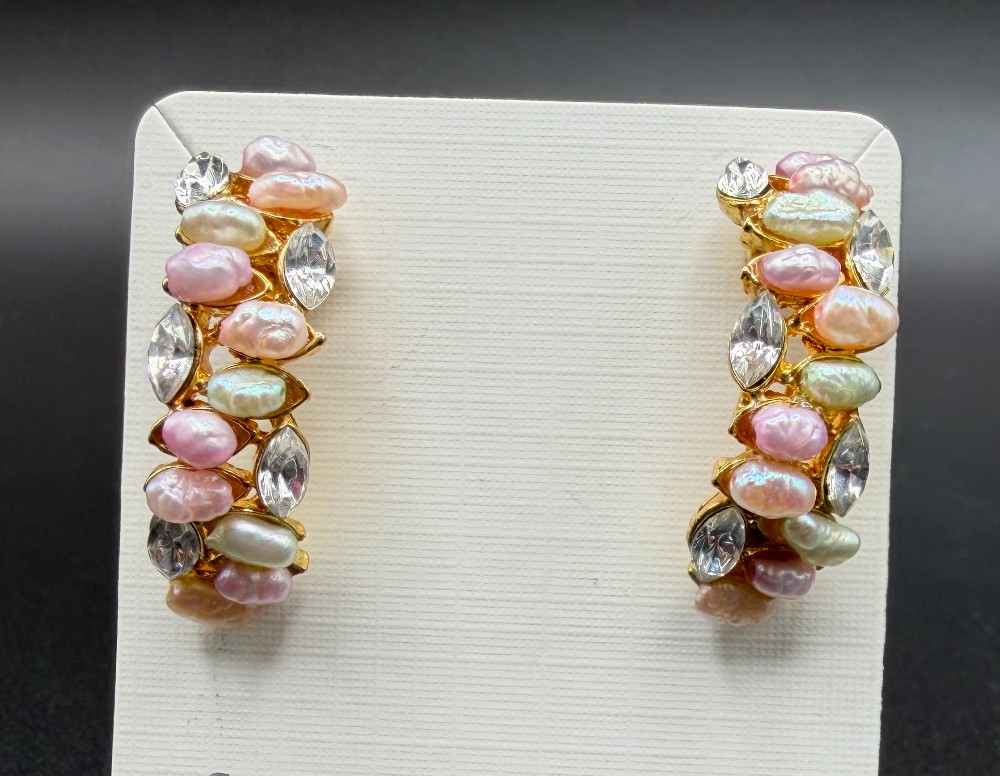 Vintage Clustered Faux Baroque Pearl & Marquise Rhinestone Statement C-Hoop Earrings – Gold Tone