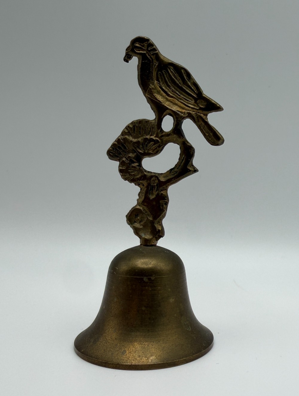 Vintage Solid Brass Miniature Bird on Branch Bell - Novelty Desk Dinner Bell