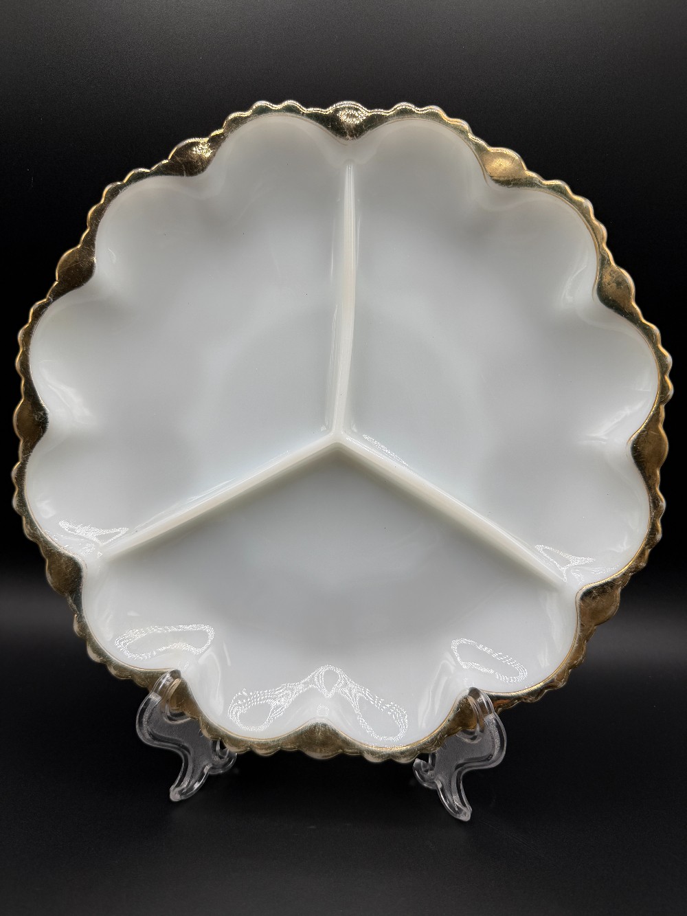 Vintage Anchor Hocking Fire-King Golden Shell Milk Glass 3-Part Divided Relish Tray