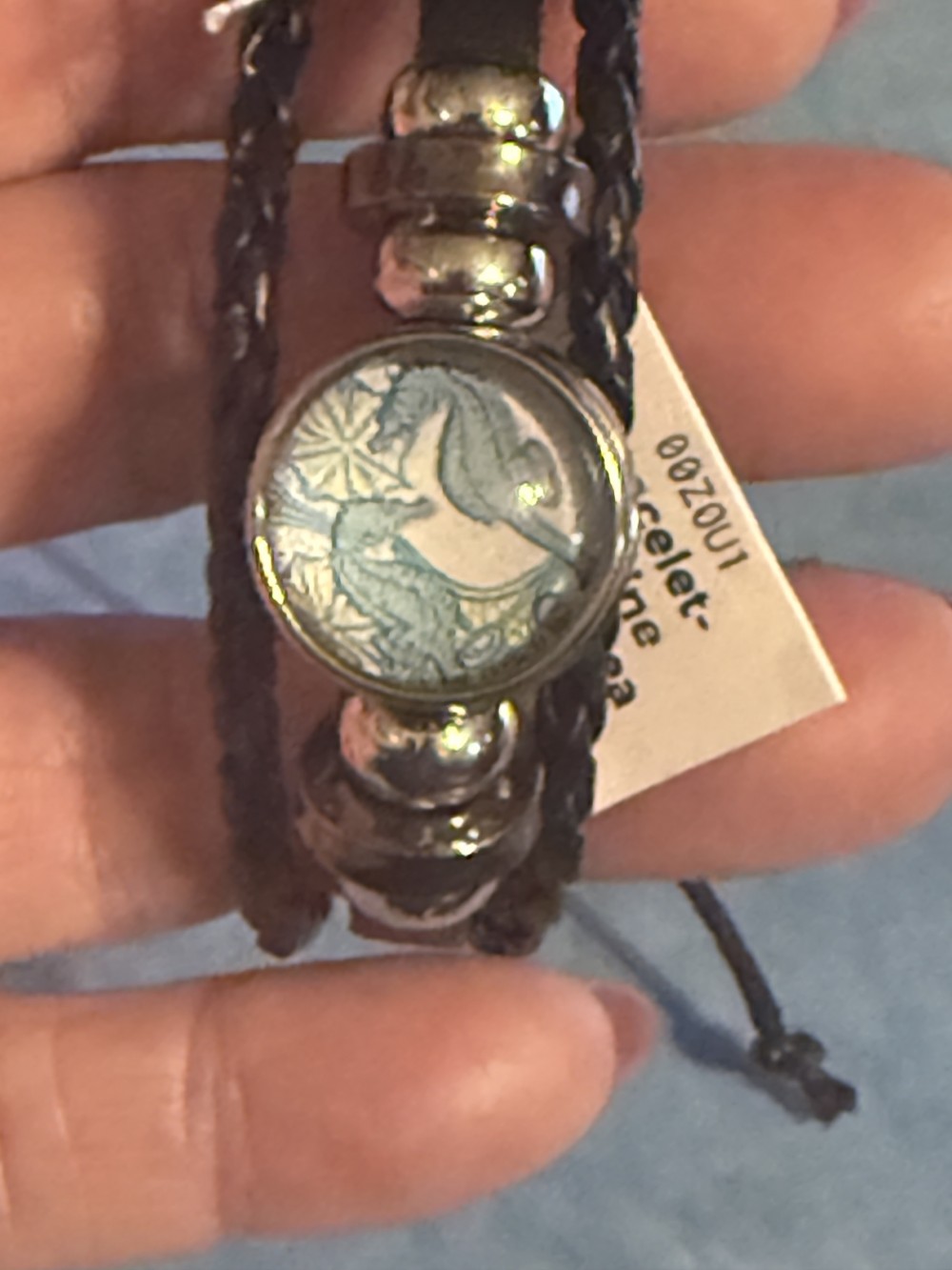 Bracelet-Genuine Leather Black 3 strap Sea Horse
