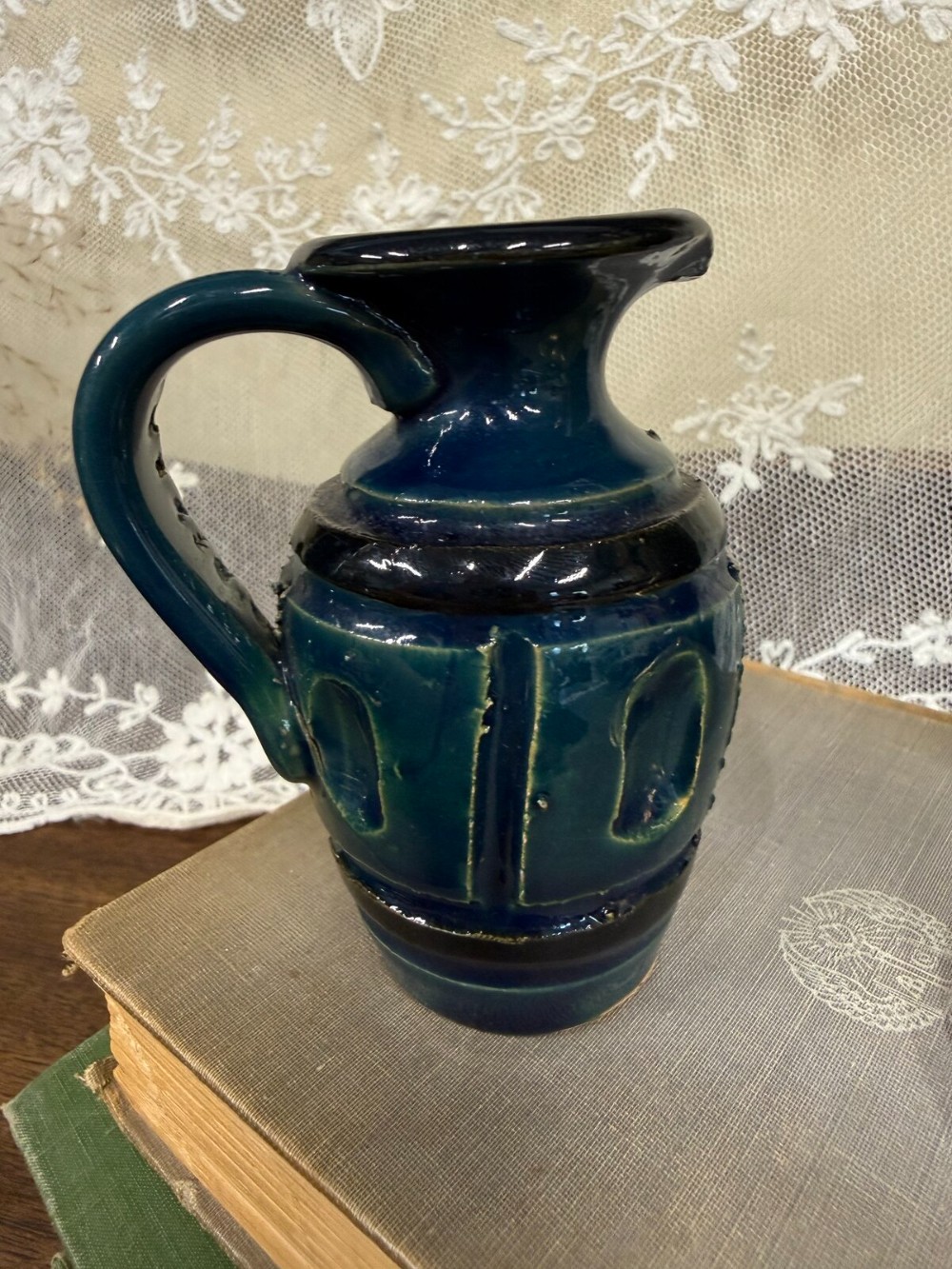 Blue Glazed Pottery Pitcher with Arched Panels