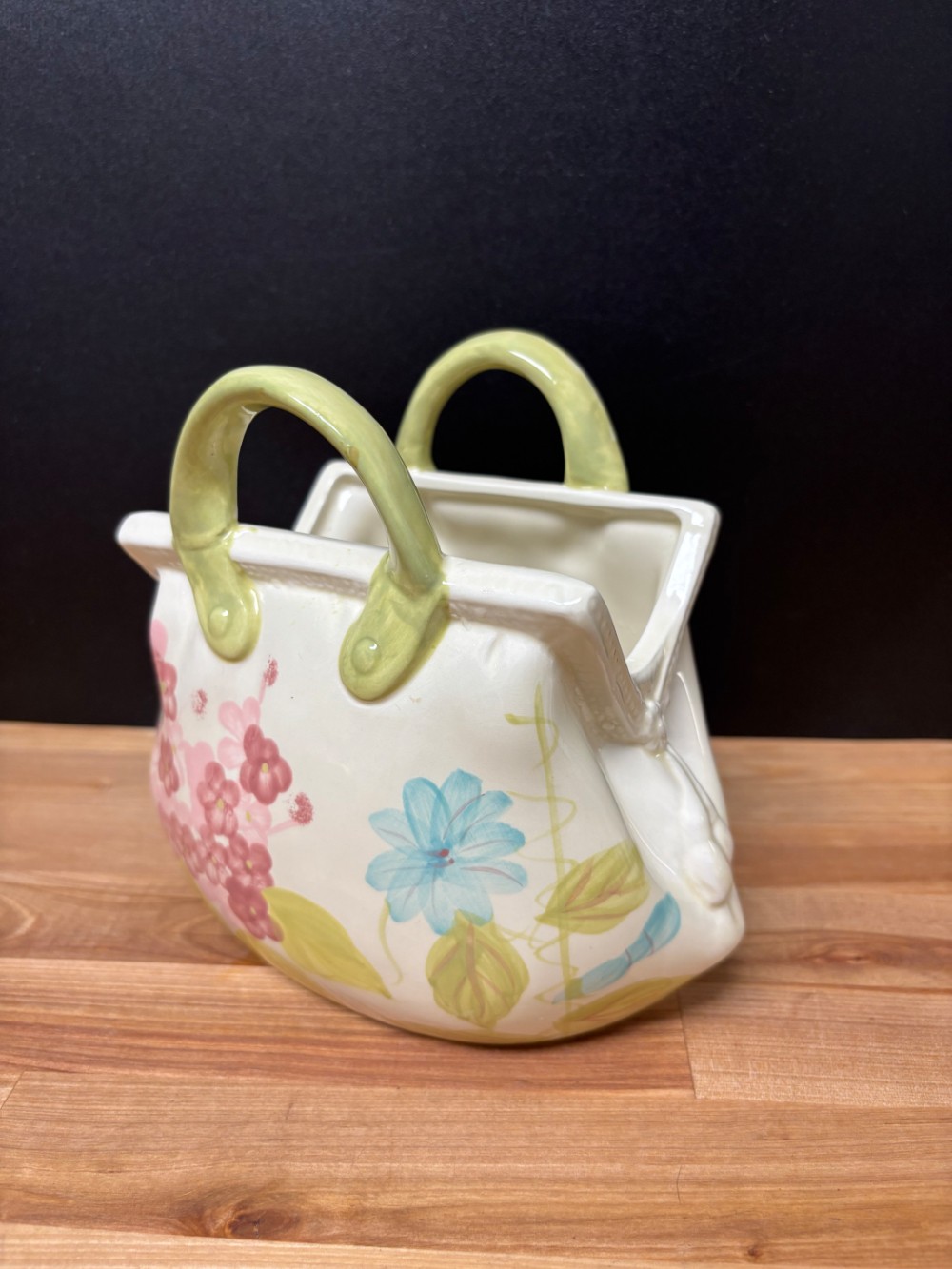Ceramic Purse Handbag Vase Planter Floral Pink Blue Green Cottage Decor Granny