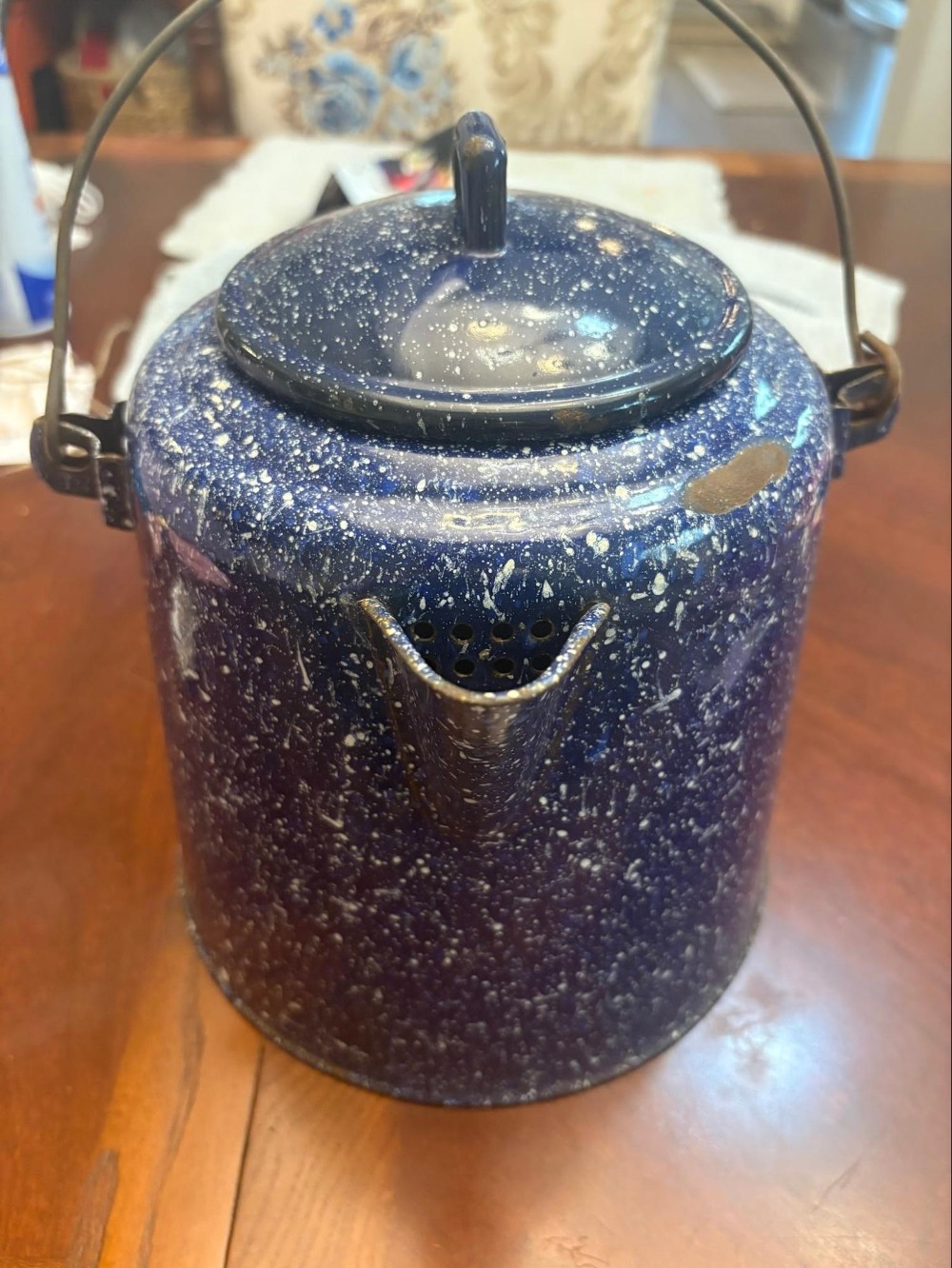 Blue Speckled Graniteware Camp Coffee Pot w/Lid