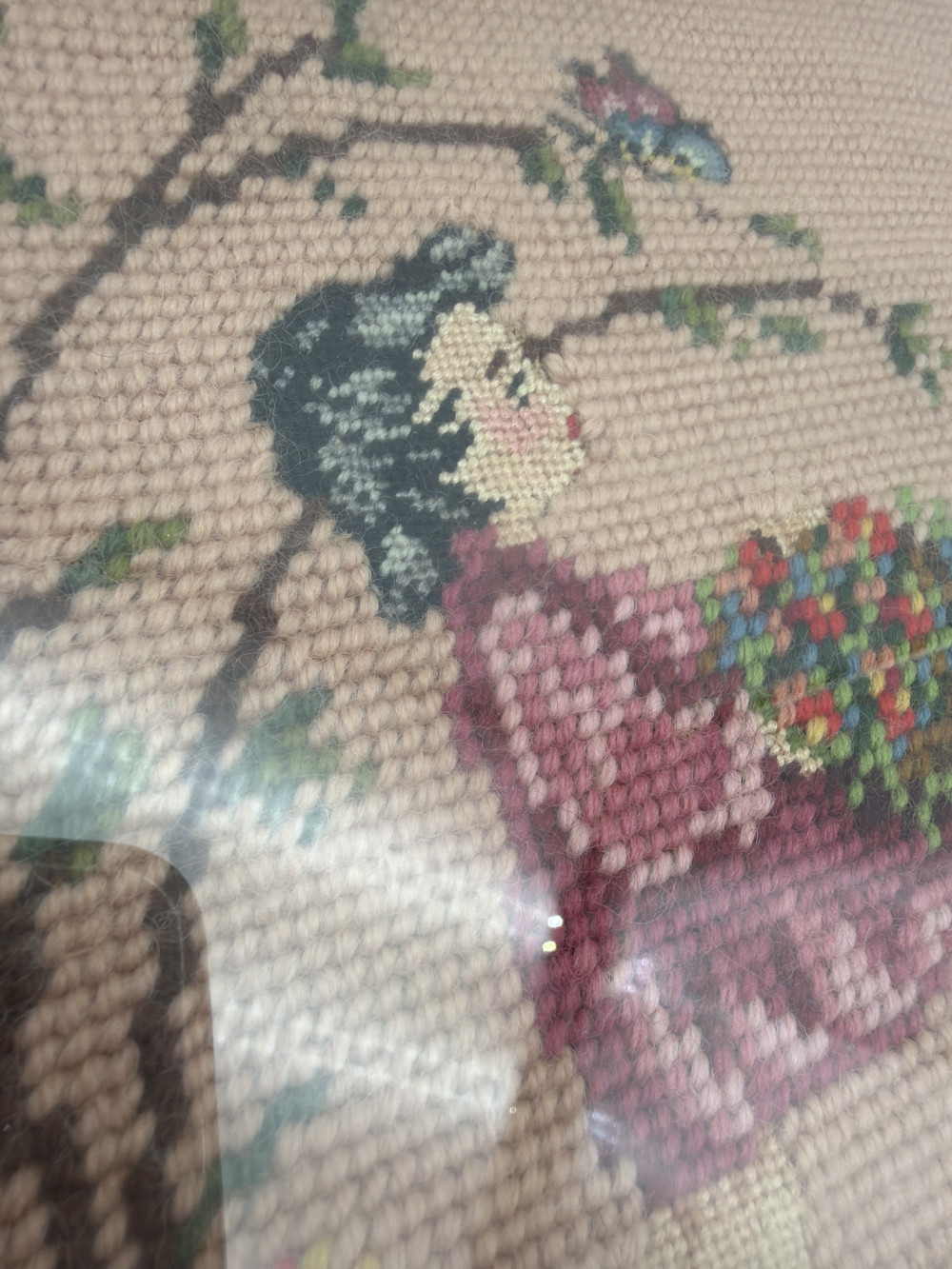 Vtg Framed Girl with Flowers Needlepoint