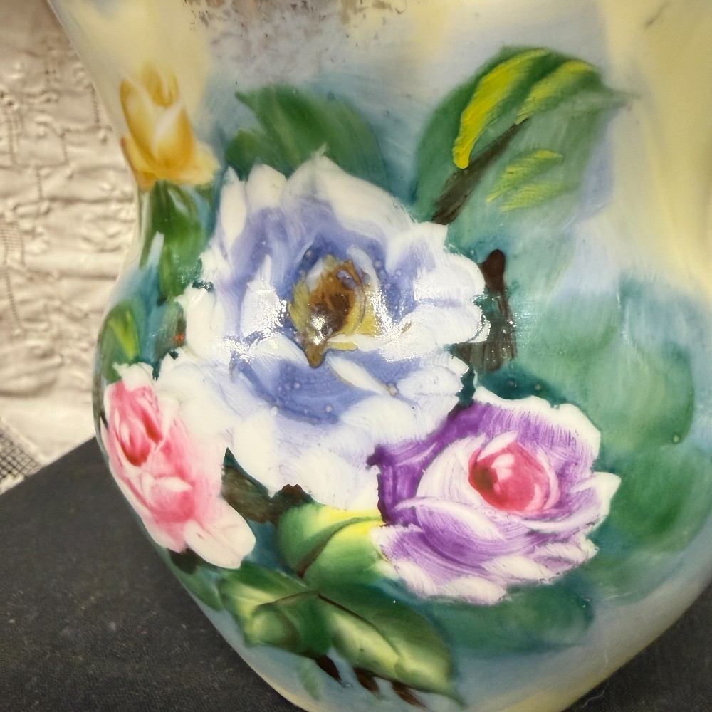 Vintage Hand-Painted Porcelain Rose Vase | Ruffled Rim | Gold Trim | Pink Lavender Roses | Victorian Style