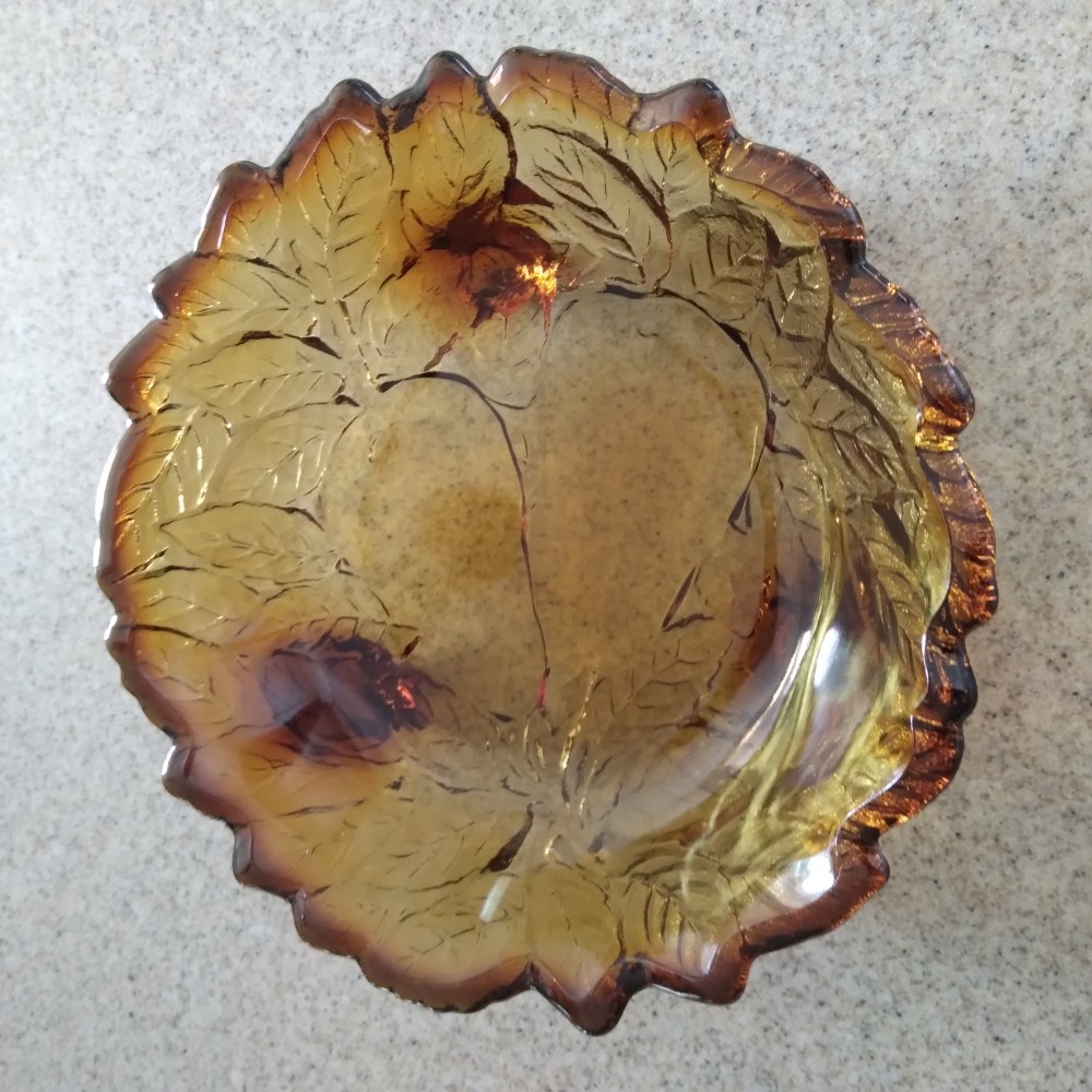 Amber Indiana Glass Footed Bowl Pears Leaves
