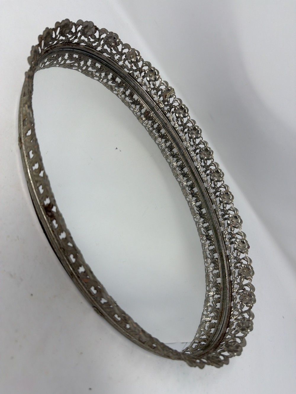 Vtg Oval Mirrored Vanity Tray