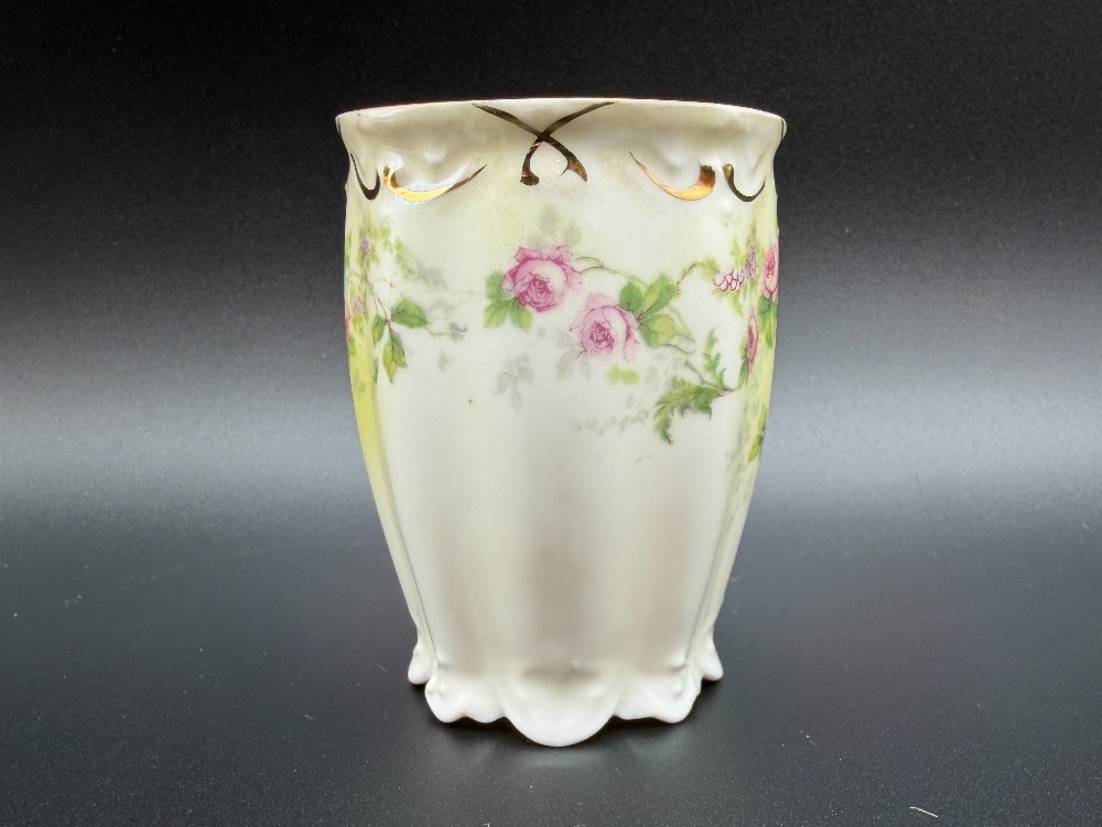 Antique M.Z. Austria Porcelain Scalloped Cocoa Mug and Saucer Set - Pink Rose & Gold Gilt - c. 1884-1909