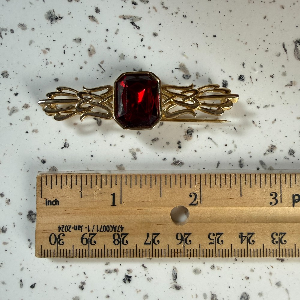 Vintage Gold Tone Bar Brooch with Red Emerald Cut Stone