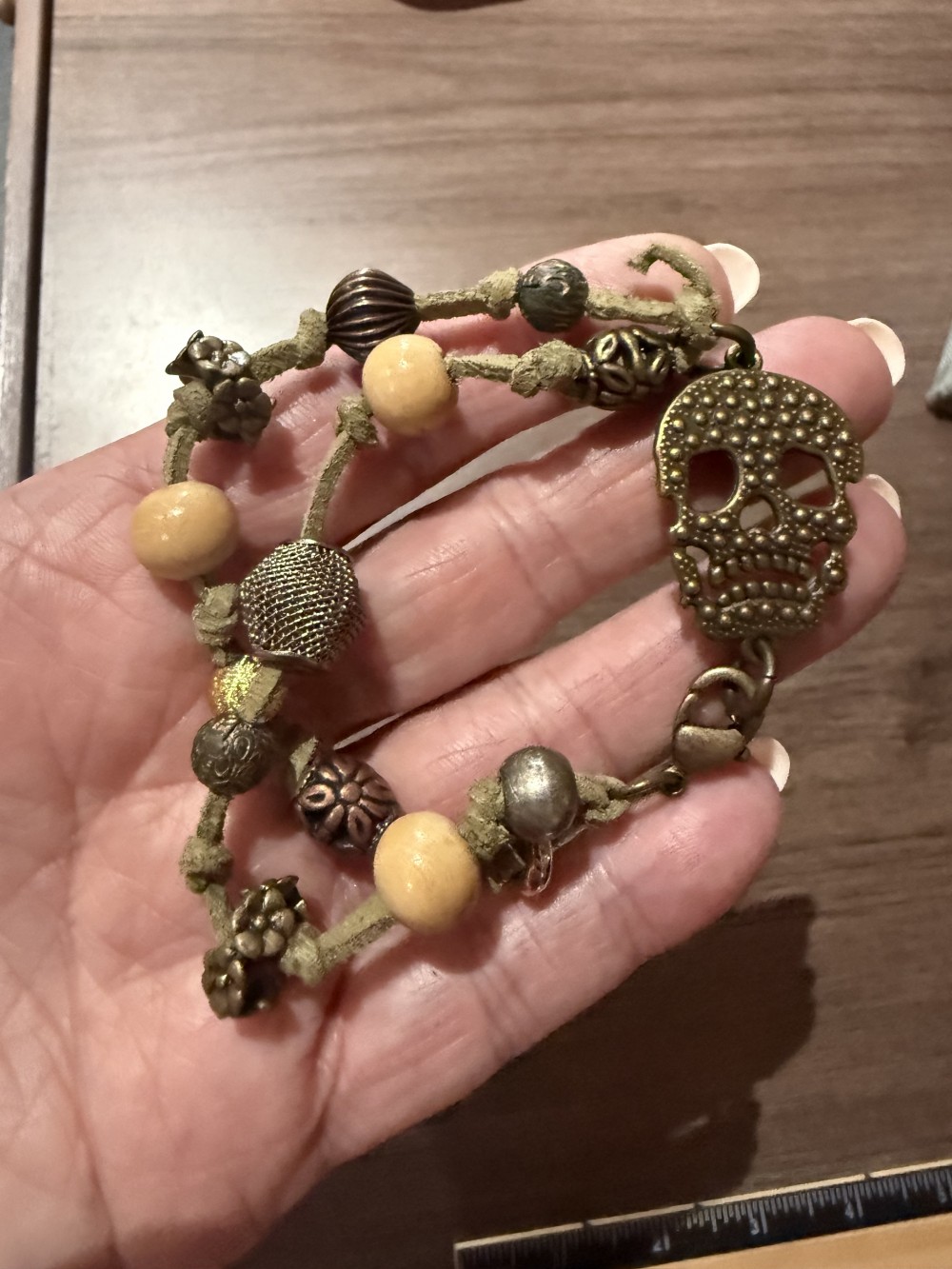 Bracelet - Bronze skull tan leather bead accents