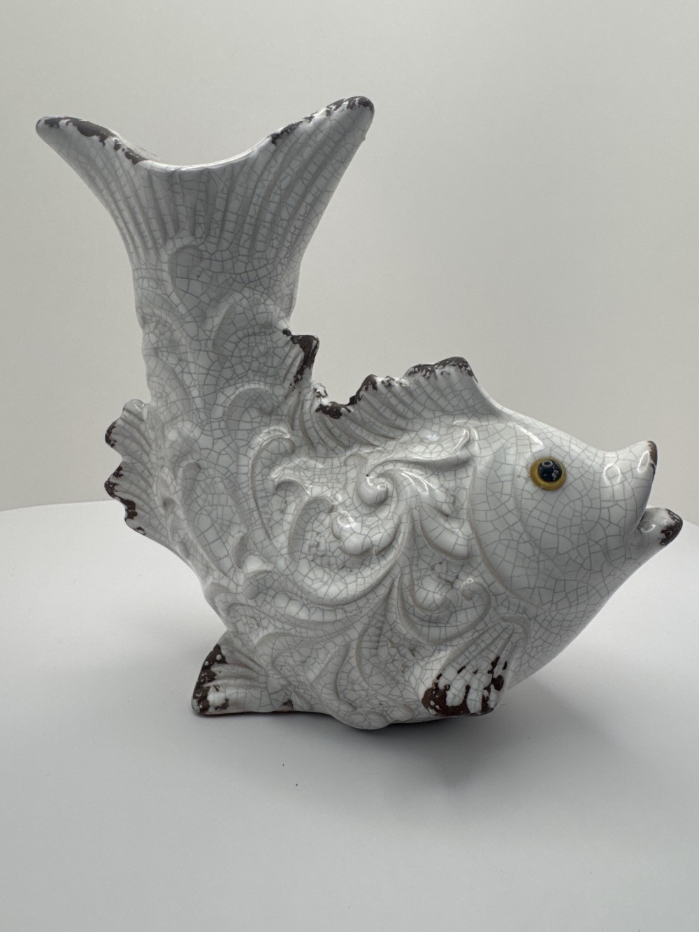 VINTAGE CERAMIC FISH ,WHITE CRACKLE GLAZE