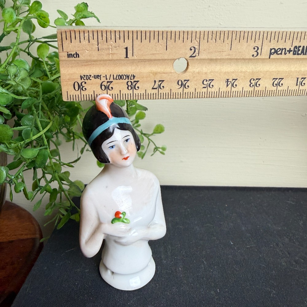 Antique Porcelain Half-Doll, Flapper with Flower