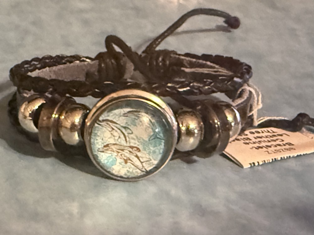 Bracelet-Genuine Leather Black Three Strap Dolphin