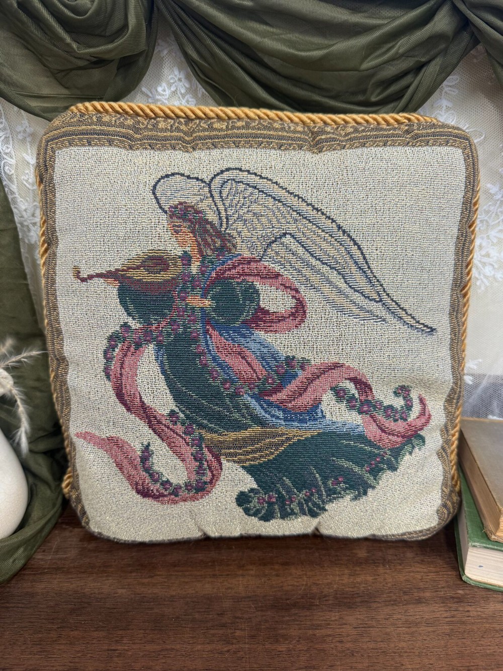 Tapestry Angel Pillow with Gold Rope Trim