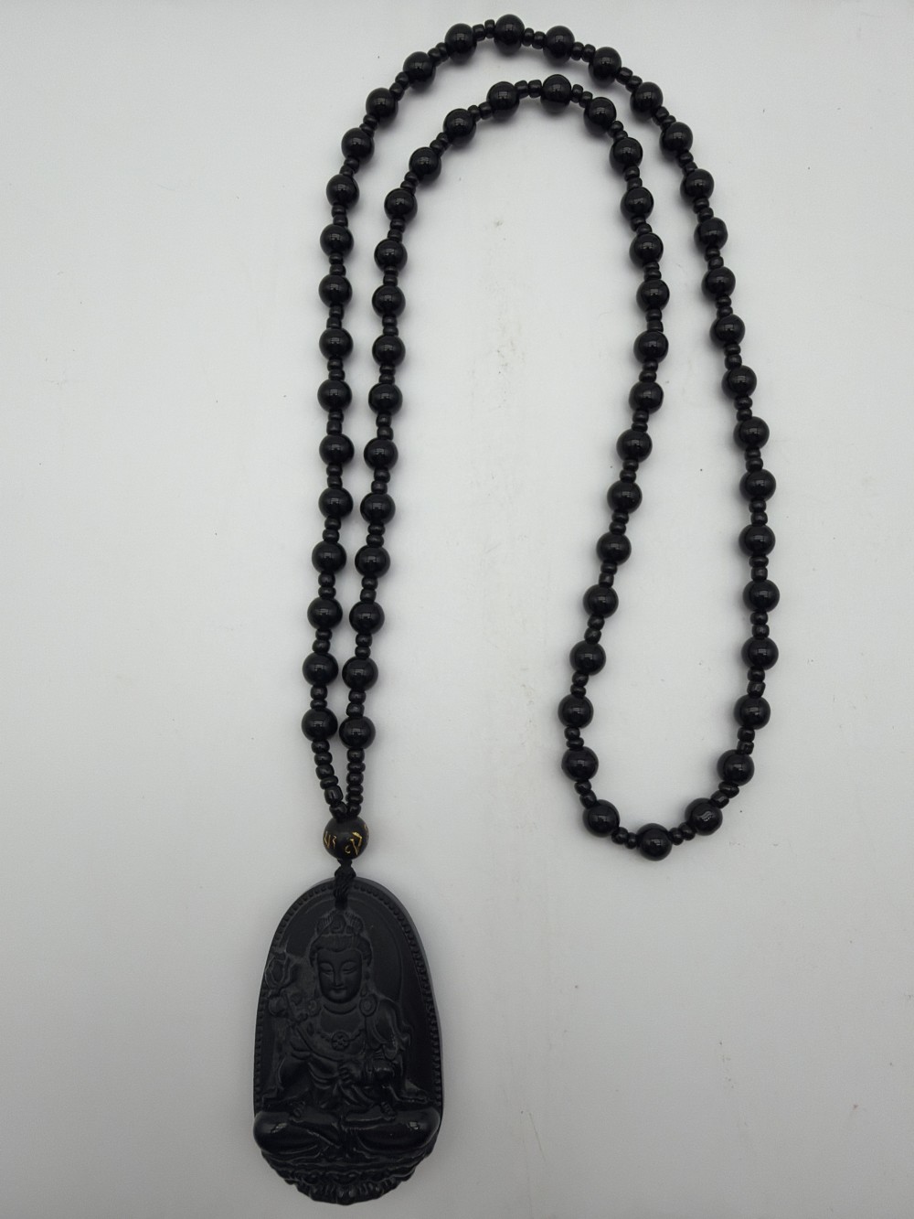 Black Obsidian-Style Carved Buddhist Pendant Beaded Necklace