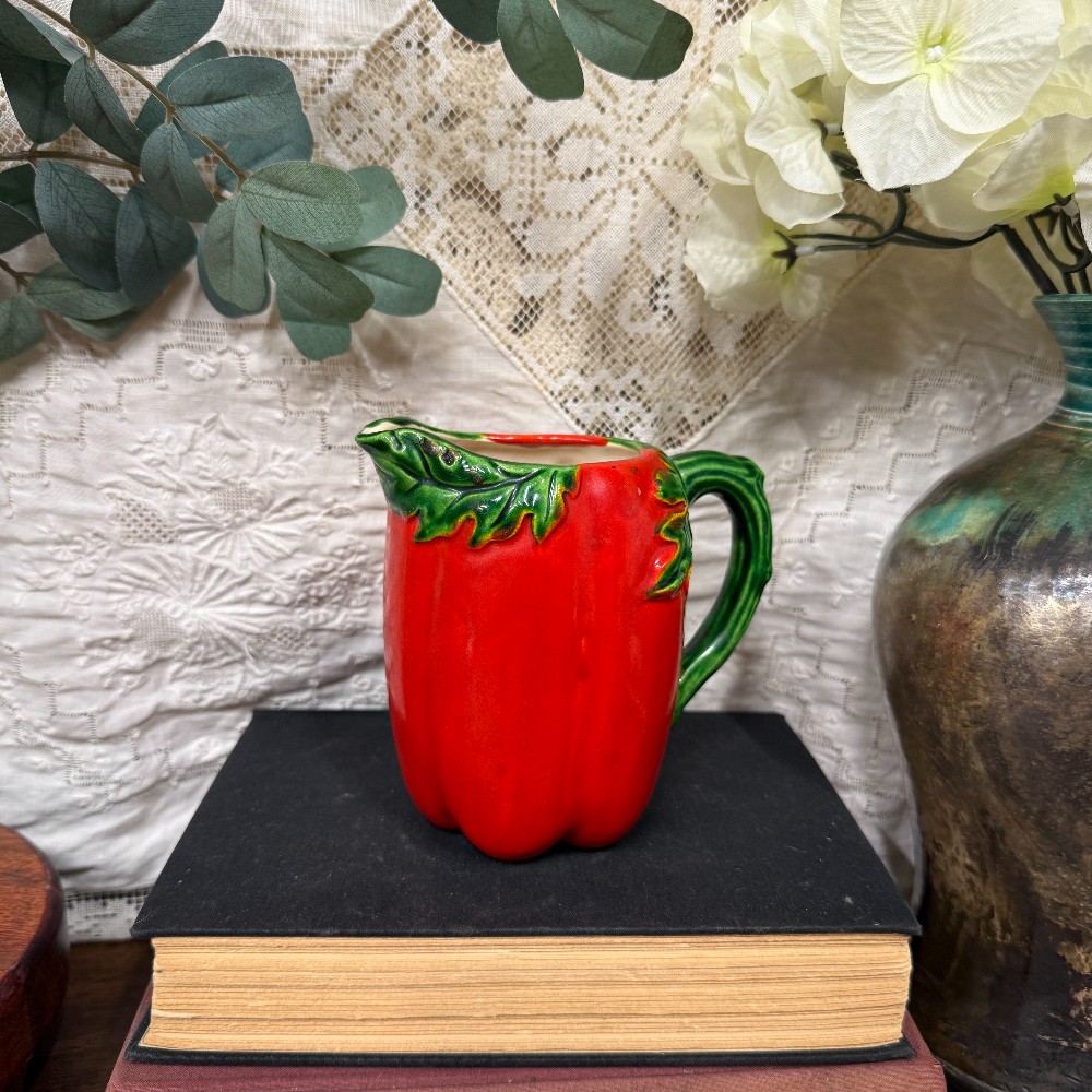Vintage Majolica Style Red Pepper Figural Ceramic Pitcher | Green Leaf Handle | Cottagecore Kitchen Decor