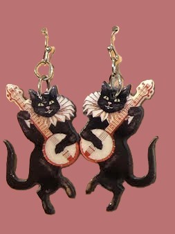 Cat Playing Banjo Halloween Earrings