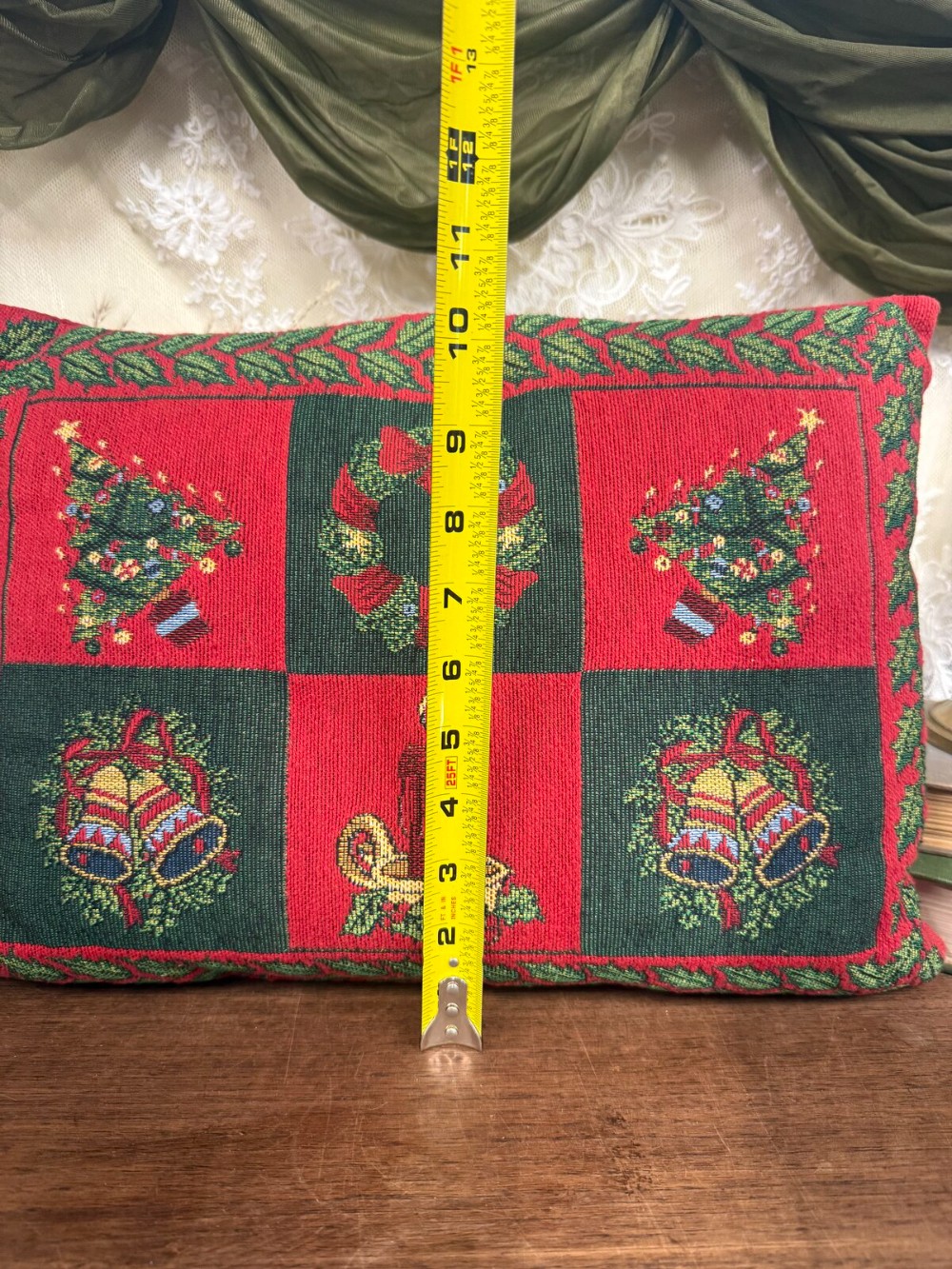 Red Green Tapestry Christmas Pillow Trees Wreaths Bells