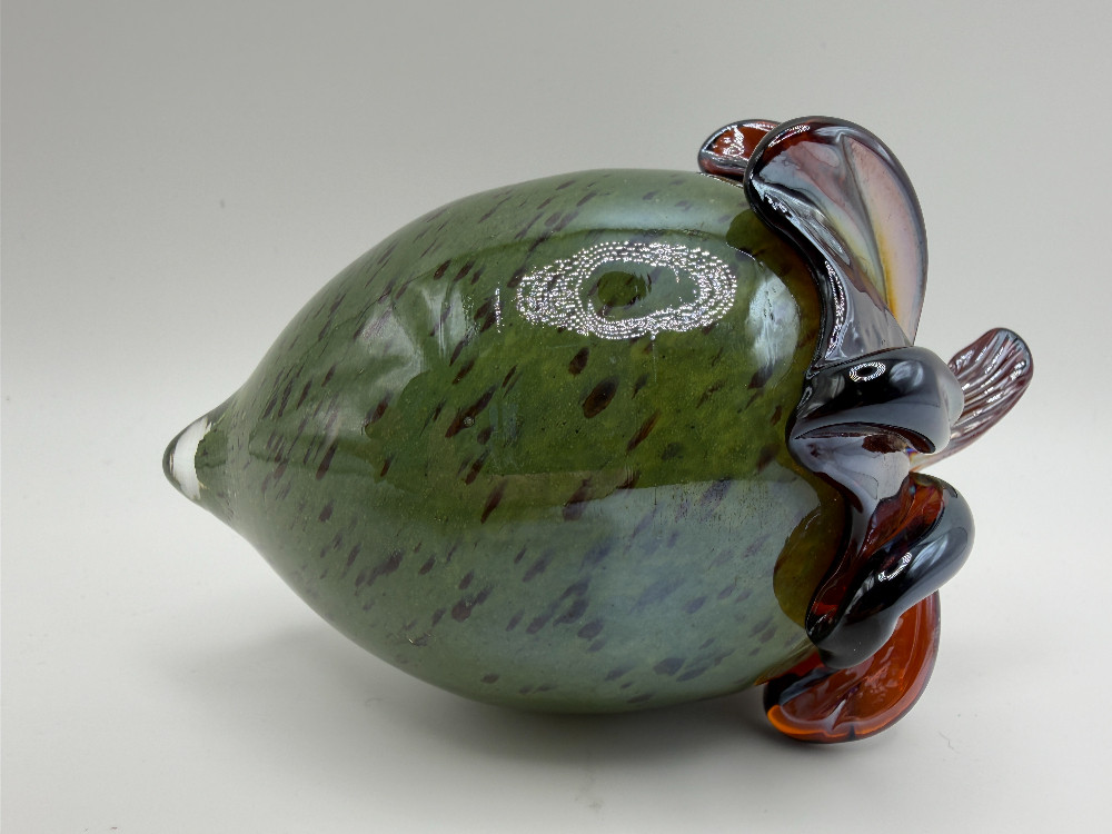 Hand-Blown Art Glass Acorn Paperweight - Speckled Green with Pulled Amber Cap