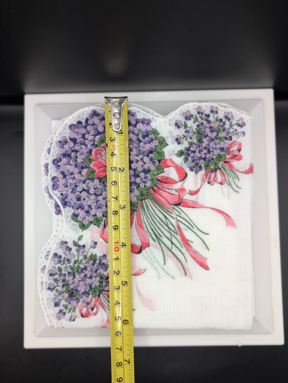 Printed hankie bouquets of purple flowers/pink bows