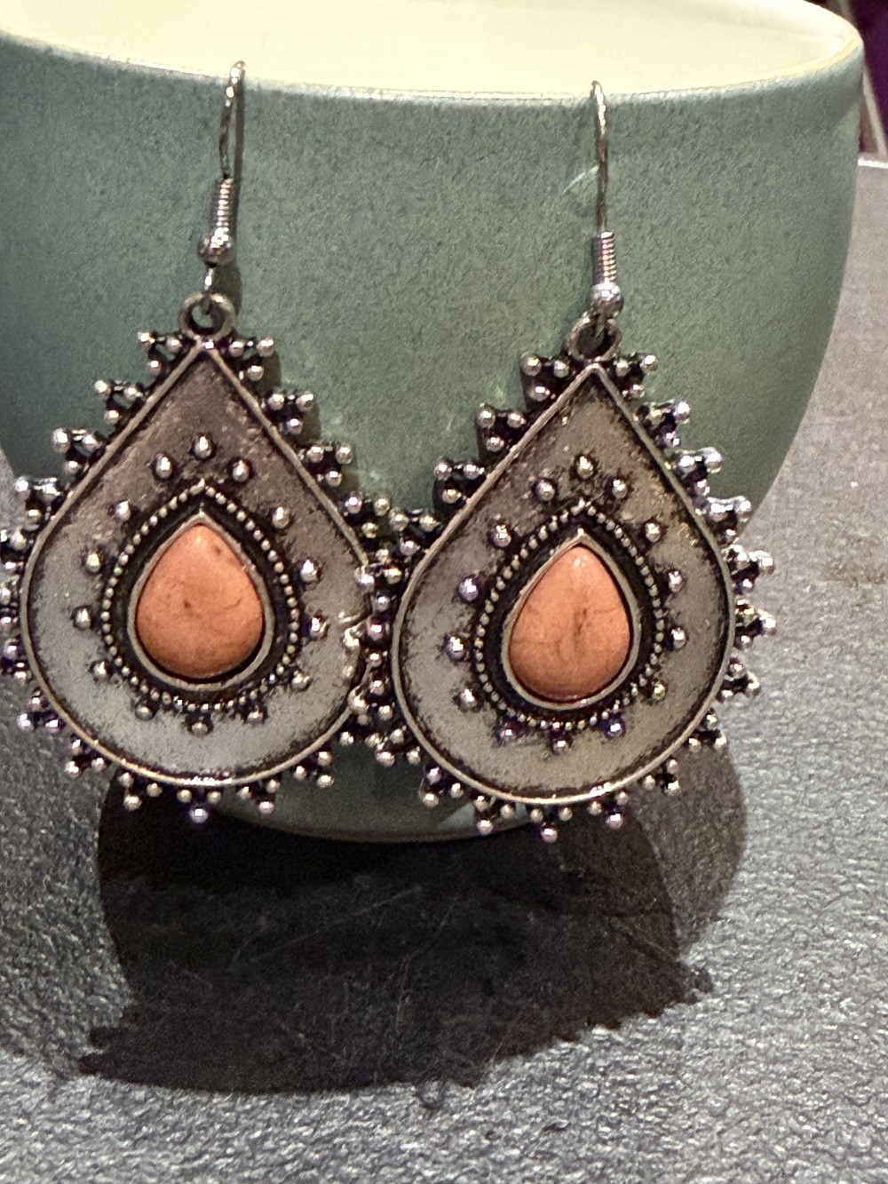 Earrings - Dotted Tear Drop with Stone Center