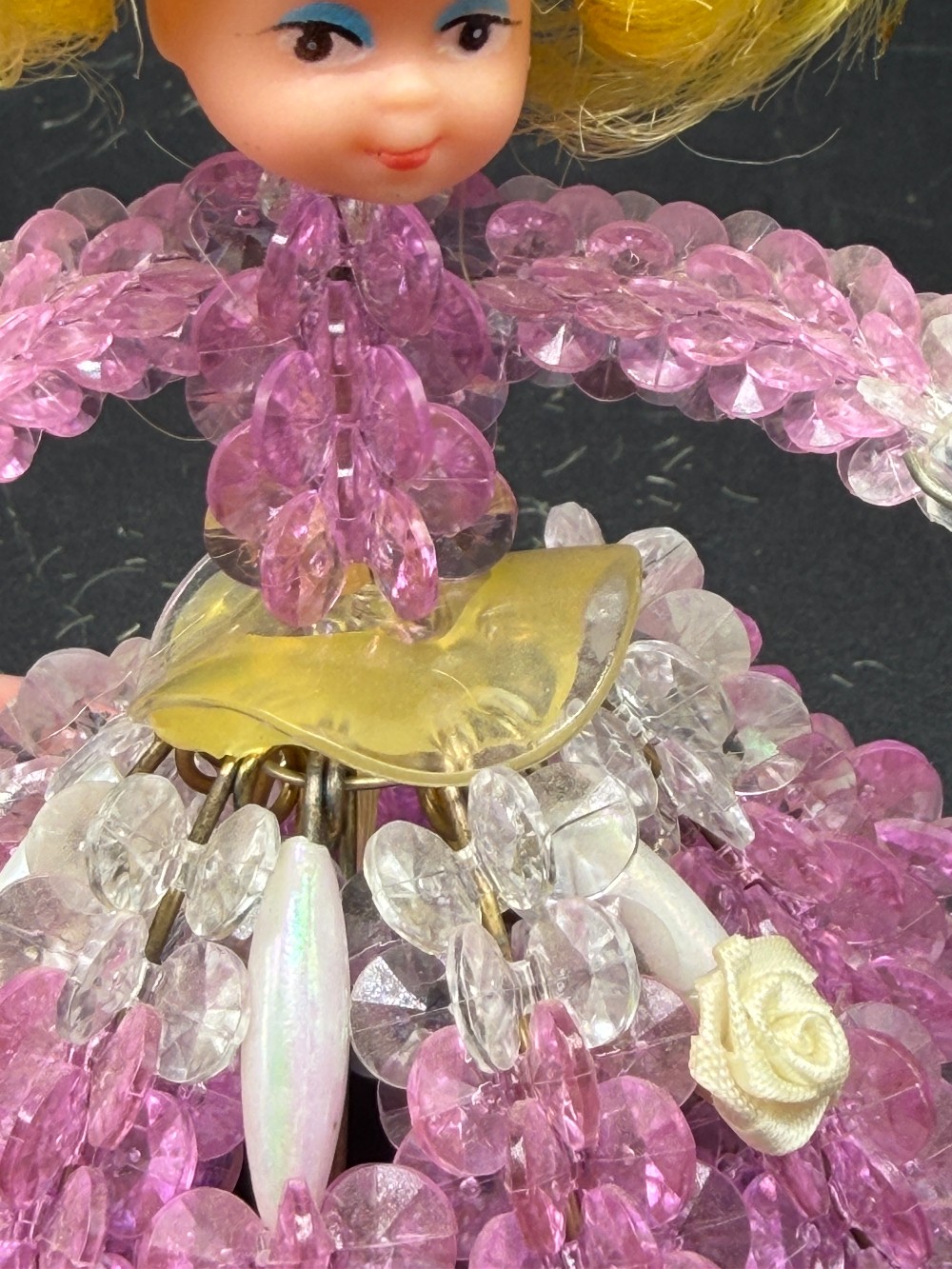 1970s Beaded Safety Pin Doll – Kitschy Pink & Clear Crystal Dress Figurine