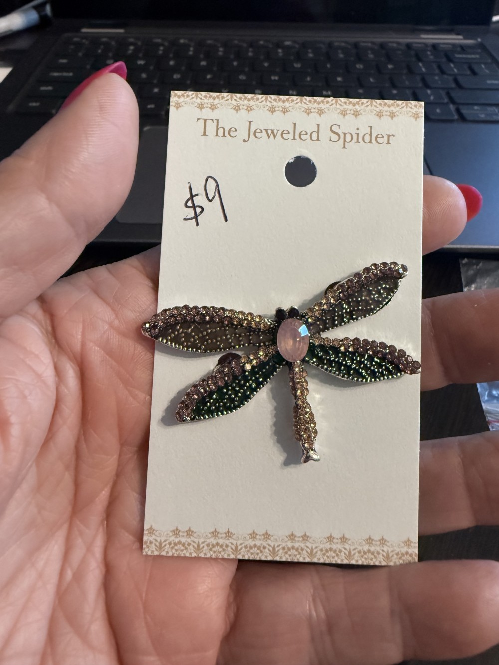 Dragonfly Brooch Pin - Pink & Green Rhinestones