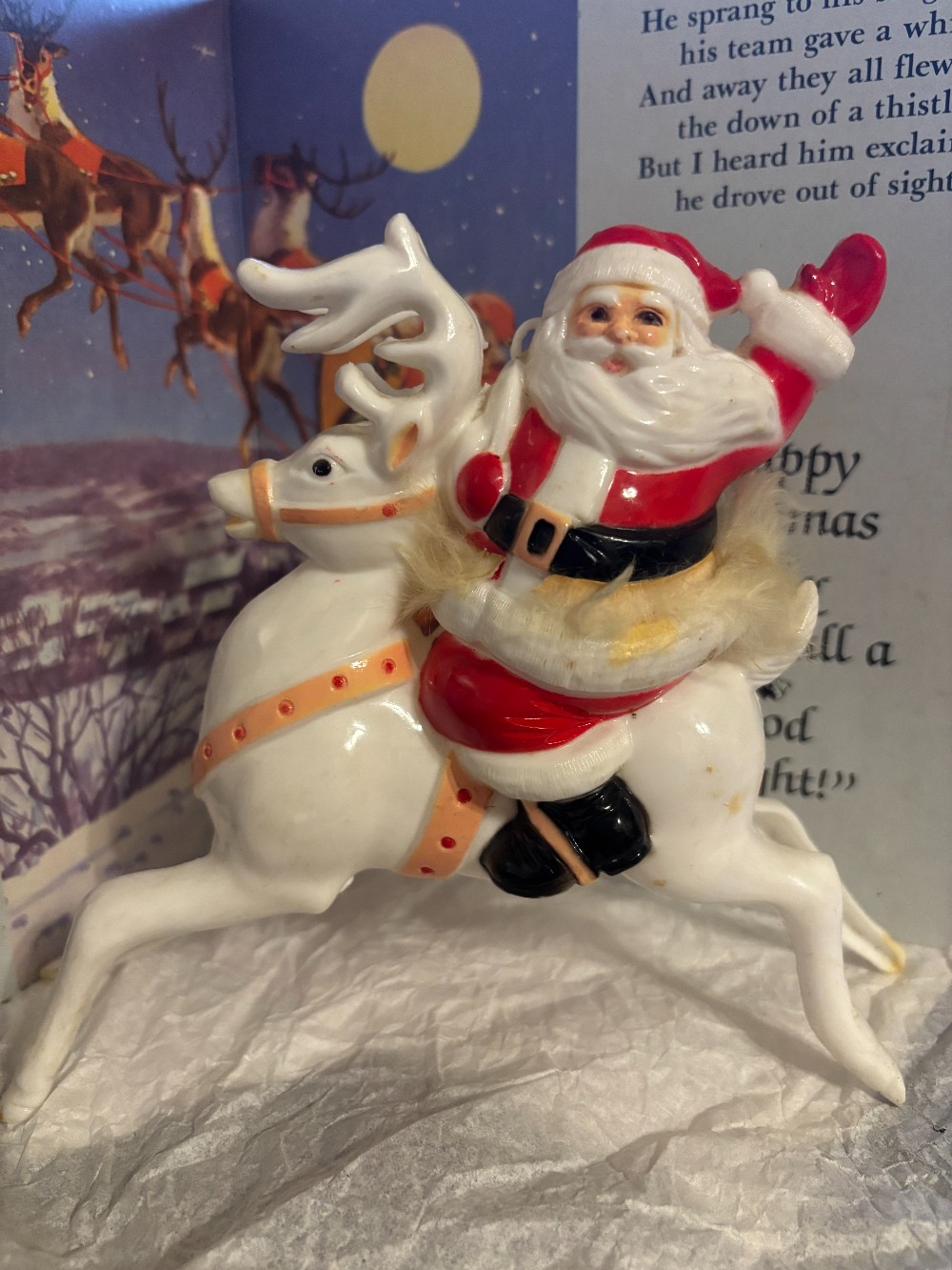 Vtg 1960's hard plastic Santa on white reindeer waving