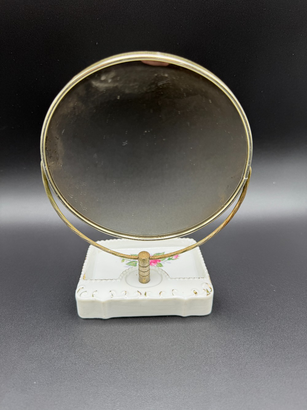 Vintage Porcelain Pink Rose Swivel Vanity Mirror with Trinket Tray - Made in Japan