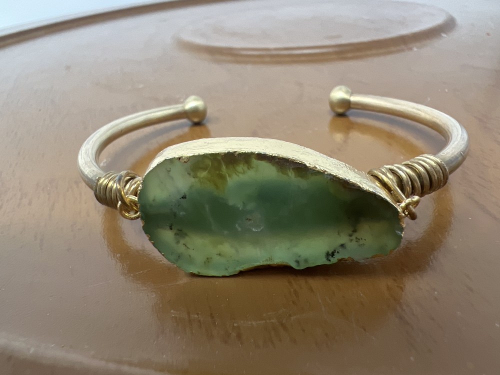 Brass Cuff Bracelet with Green Stone