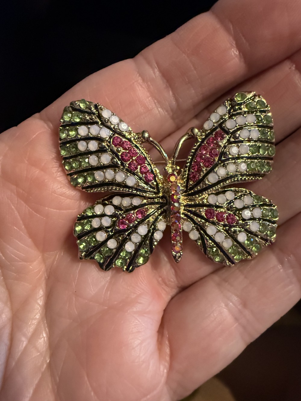 Brooch Pin - Butterfly Green Pink White Rhinestones