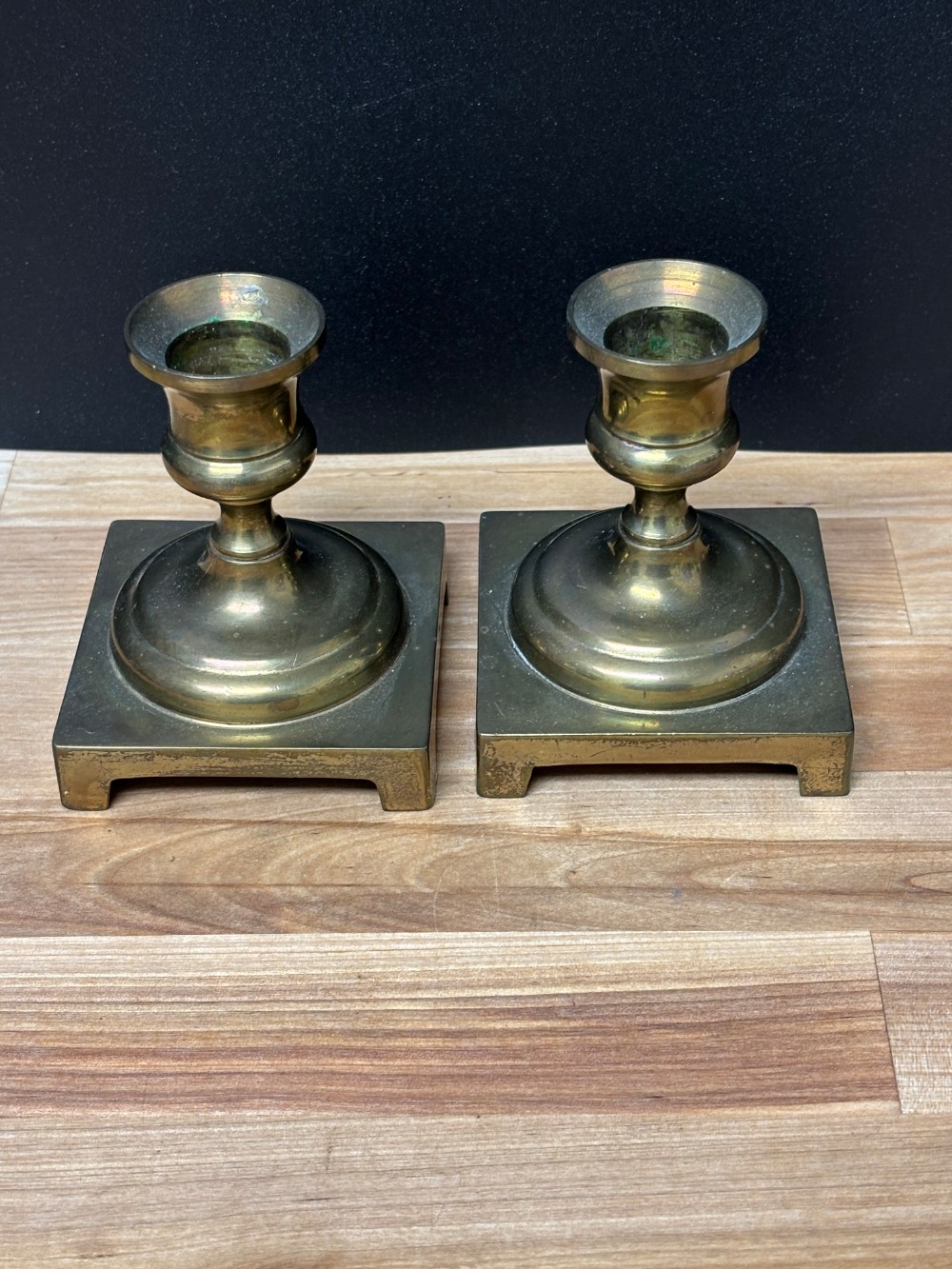 Brass Candlestick Holders Pair Square Base Footed Taper Candle Holders