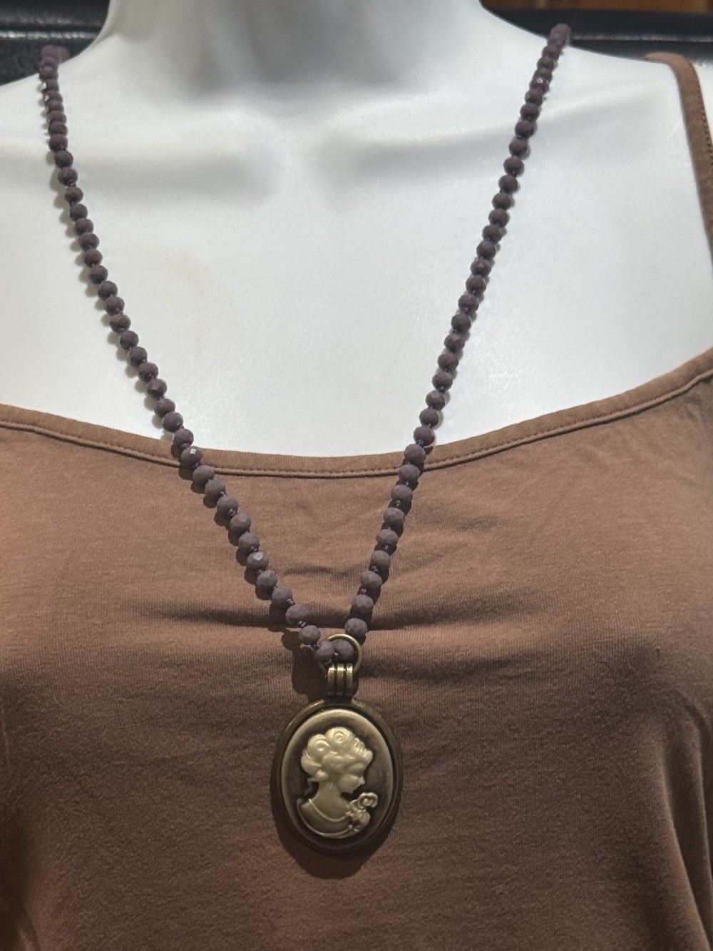 Pendant Necklace-Female Cameo on Purple Beaded Chain