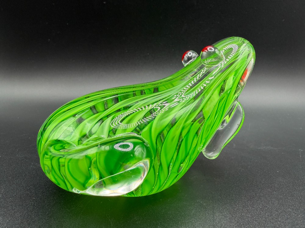 Vintage Murano Style Art Glass Frog Paperweight - Green Swirl Figurine