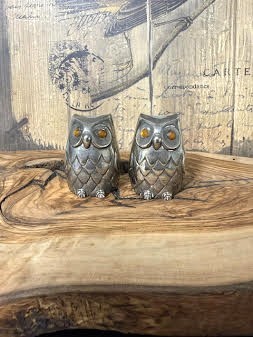 Silver Tone Metal Owl S/P Shakers Golden Eyes