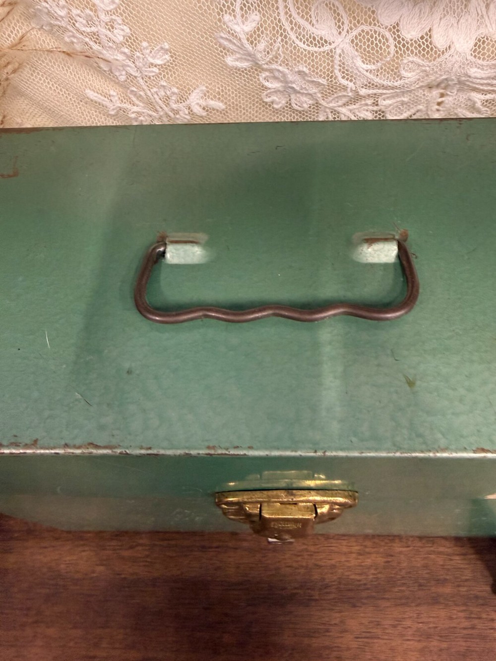 Green Metal File Box with Brass Latch and Handle
