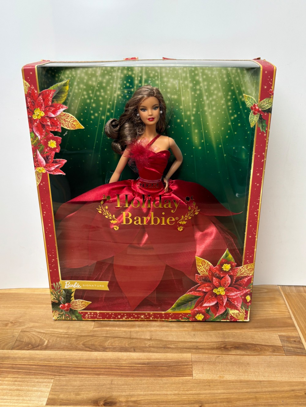 2022 Holiday Barbie Signature Brunette Red Poinsettia Gown Mattel HBY08 NIB