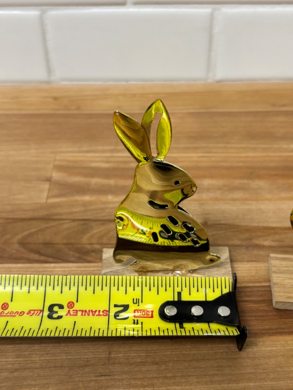 Gold Tone Metal Bunny Rabbit Figurines Pair on Wood Bases Farmhouse