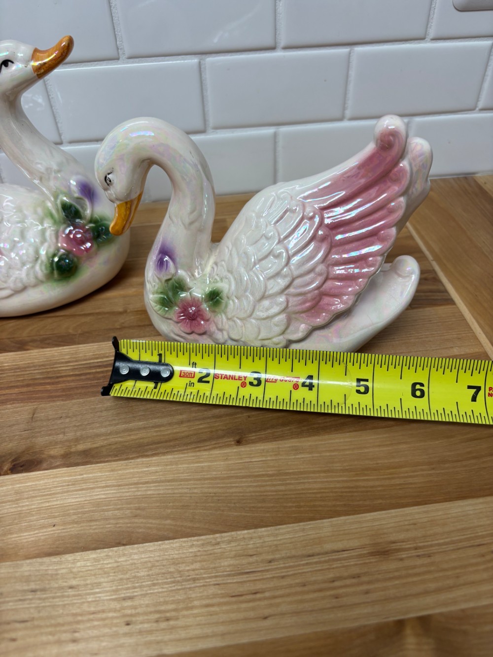 Swan Figurines Ceramic Pair Iridescent Pink Lustre Floral Cottage Decor