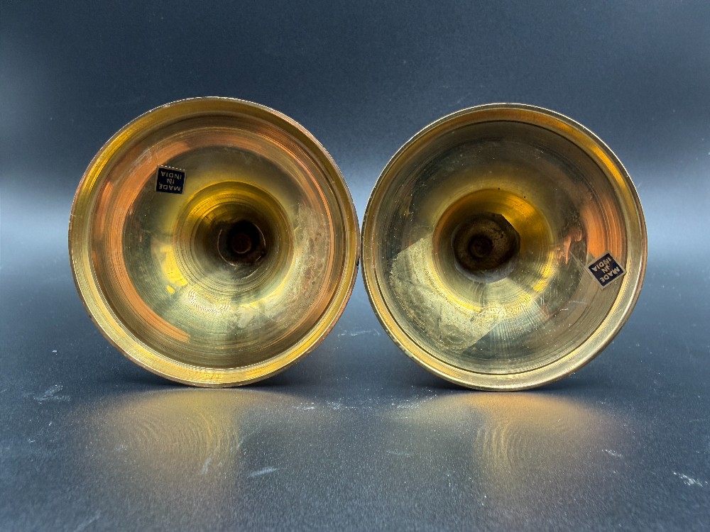 Vintage Mid Century Brass Tulip Candlesticks Pair Round Base